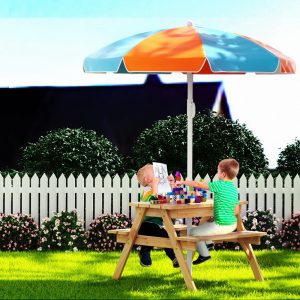 Kids Outdoor Table and Chairs Picnic Bench Umbrella Set Water Sand Pit Box