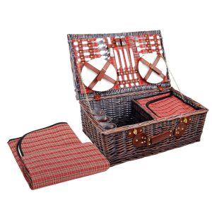 4 Person Picnic Basket Set Insulated Blanket Bag Red
