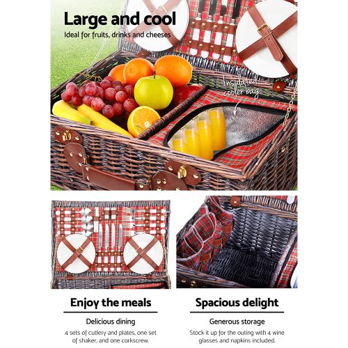 4 Person Picnic Basket Wicker Picnic Set Outdoor Insulated Blanket