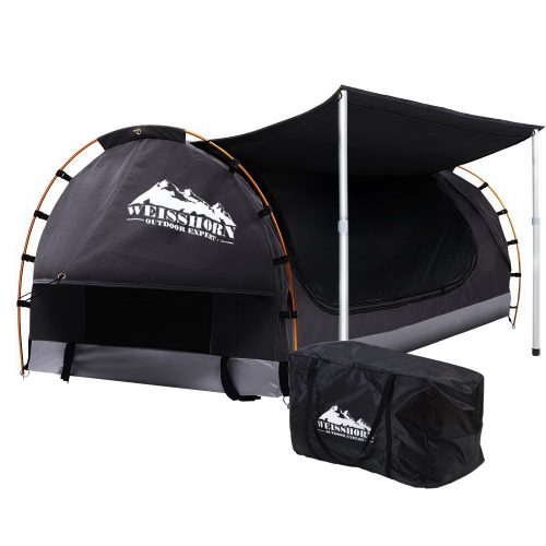 Double Swag Camping Swags Canvas Free Standing Dome Tent Dark Grey with 7CM Mattress