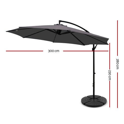 3M Umbrella with 48x48cm Base Outdoor Umbrellas Cantilever Sun Beach Garden Patio Charcoal