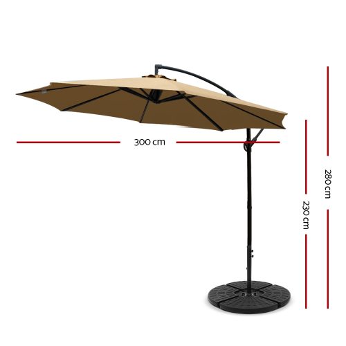 3M Umbrella with 48x48cm Base Outdoor Umbrellas Cantilever Sun Beach Garden Patio Beige