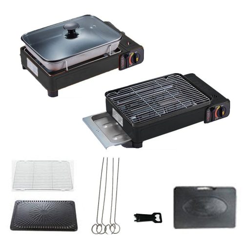 Portable Gas Stove Burner Butane BBQ Camping Gas Cooker With Non Stick Plate Black with Fish Pan and Lid