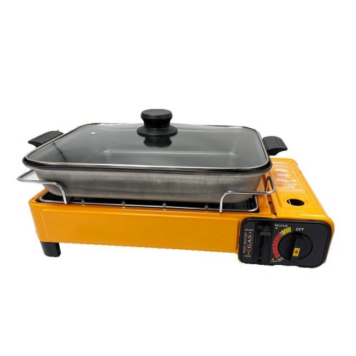 Portable Gas Stove Burner Butane BBQ Camping Gas Cooker With Non Stick Plate Orange with Fish Pan and Lid