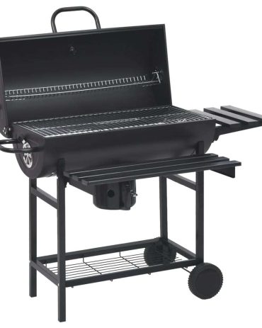 Barrel Grill with Wheels and Shelves Black Steel 115x85x95 cm