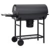 Barrel Grill with Wheels and Shelves Black Steel 115x85x95 cm