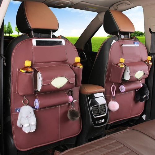 Leather Car Back Seat Storage Bag Multi-Pocket Organizer Backseat and iPad Mini Holder Coffee