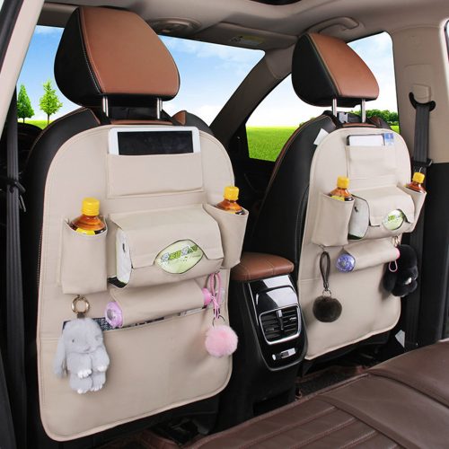 Leather Car Back Seat Storage Bag Multi-Pocket Organizer Backseat and iPad Mini Holder White