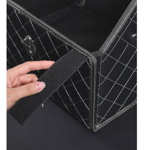 Leather Car Boot Collapsible Foldable Trunk Cargo Organizer Portable Storage Box Black/White Stitch with Lock Medium
