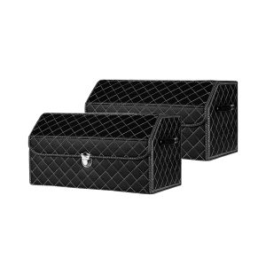 2X Leather Car Boot Collapsible Foldable Trunk Cargo Organizer Portable Storage Box Black/White Stitch with Lock Medium