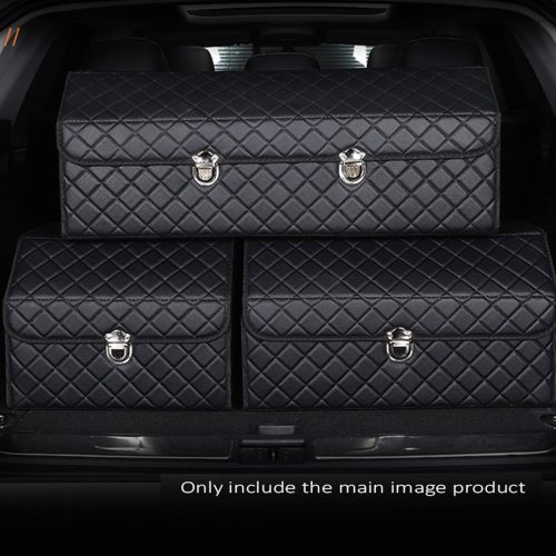 2X Leather Car Boot Collapsible Foldable Trunk Cargo Organizer Portable Storage Box Black/White Stitch with Lock Medium