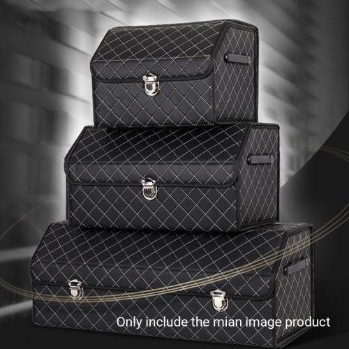 4X Leather Car Boot Collapsible Foldable Trunk Cargo Organizer Portable Storage Box Black/White Stitch with Lock Medium