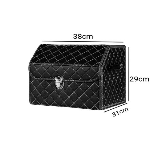 2X Leather Car Boot Collapsible Foldable Trunk Cargo Organizer Portable Storage Box Black/White Stitch with Lock Small