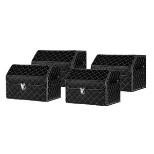 4X Leather Car Boot Collapsible Foldable Trunk Cargo Organizer Portable Storage Box Black/White Stitch with Lock Small