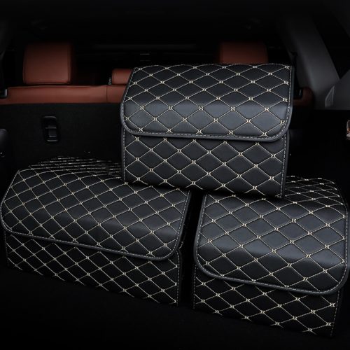 Leather Car Boot Collapsible Foldable Trunk Cargo Organizer Portable Storage Box Black/Gold Stitch Small