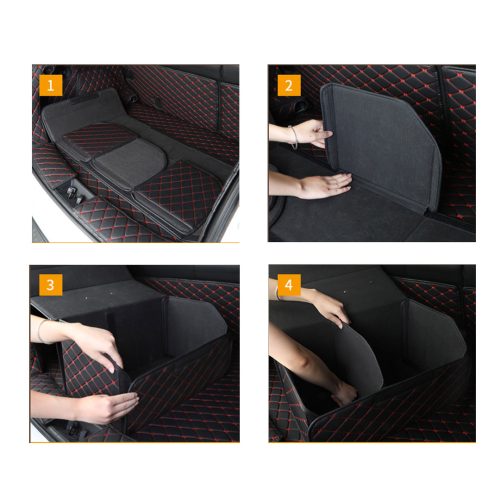 4X Leather Car Boot Collapsible Foldable Trunk Cargo Organizer Portable Storage Box Black/Red Stitch Large