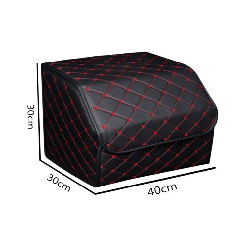 2X Leather Car Boot Collapsible Foldable Trunk Cargo Organizer Portable Storage Box Black/Red Stitch Medium