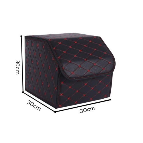 2X Leather Car Boot Collapsible Foldable Trunk Cargo Organizer Portable Storage Box Black/Red Stitch Small