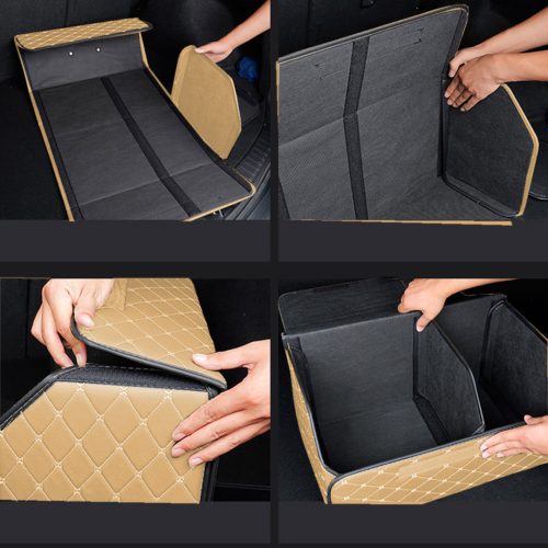 Leather Car Boot Collapsible Foldable Trunk Cargo Organizer Portable Storage Box Beige/Gold Stitch Large