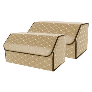 2X Leather Car Boot Collapsible Foldable Trunk Cargo Organizer Portable Storage Box Beige/Gold Stitch Large