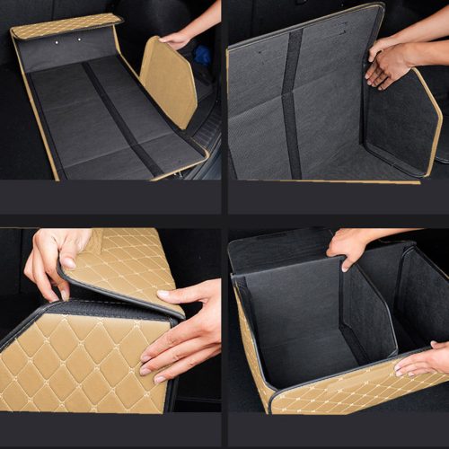 2X Leather Car Boot Collapsible Foldable Trunk Cargo Organizer Portable Storage Box Beige/Gold Stitch Large