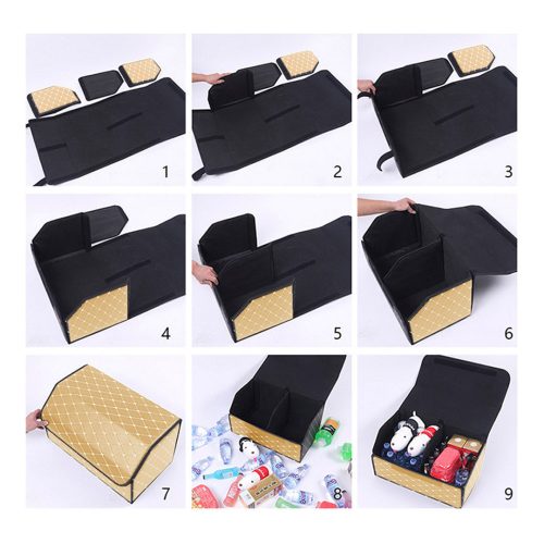 4X Leather Car Boot Collapsible Foldable Trunk Cargo Organizer Portable Storage Box Beige/Gold Stitch Large