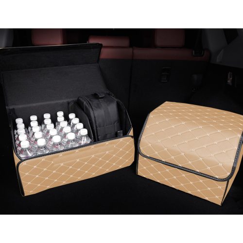 Leather Car Boot Collapsible Foldable Trunk Cargo Organizer Portable Storage Box Beige/Gold Stitch Medium
