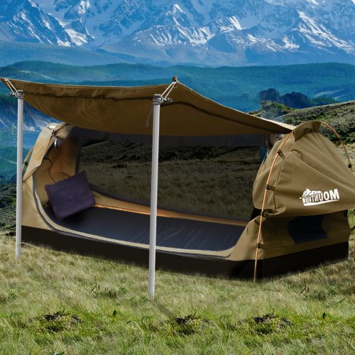 King Single Swag Camping Swags Canvas Dome Tent Free Standing Khaki