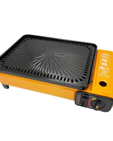 Portable Gas Stove Burner Butane BBQ Camping Gas Cooker With Non Stick Plate Orange with Fish Pan and Lid